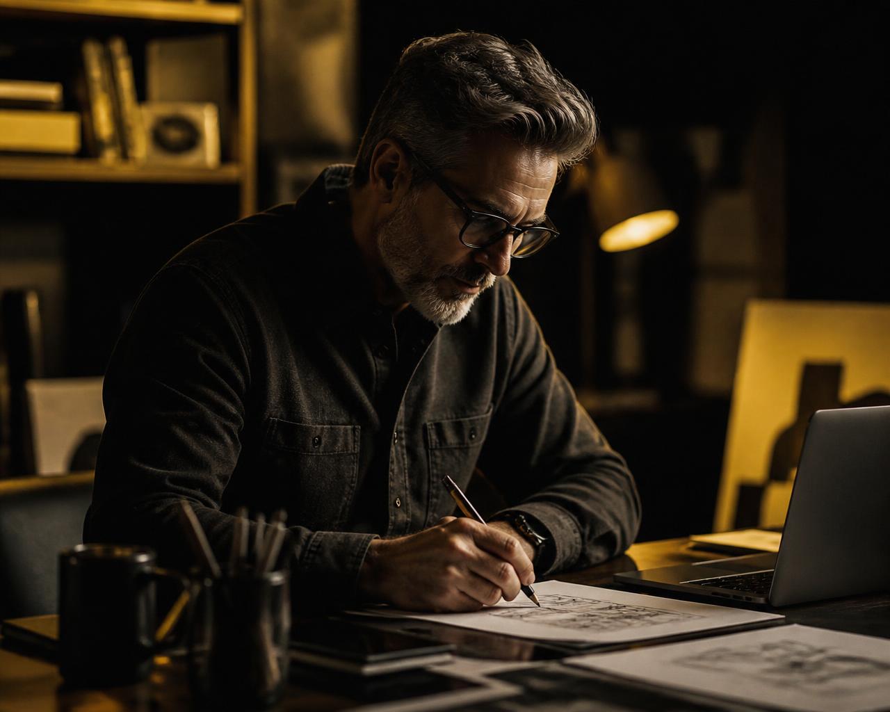 Senior art director sketching in a dark studio